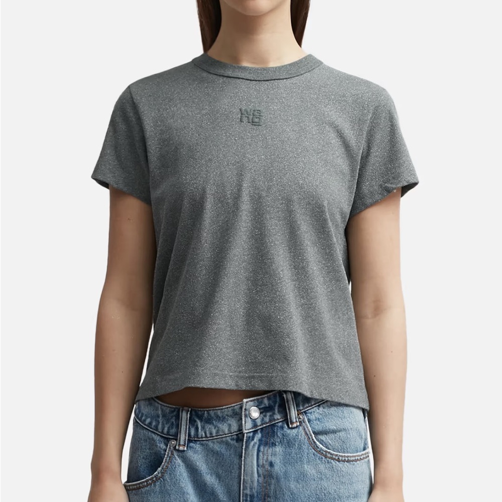 Alexander Wang Puff Logo Shrunken T-Shirt in Grey glitter effect, sz Small